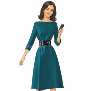 May include: A teal knee-length dress with three-quarter length sleeves, a boat neckline, and a wide black patent leather belt with a large rectangular buckle. The text The Old Leaf is visible on the left side of the dress near the waistline.
