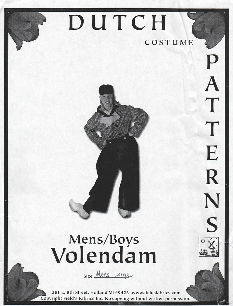 Dutch Costume Pattern Volendam in Mens Sizes Fields Fabrics Etsy