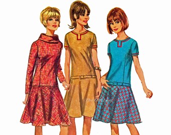 Mod 60's Dress Pattern, Drop Waist Dress with Neck & Sleeve Variations, Simplicity 6674 - UNCUT