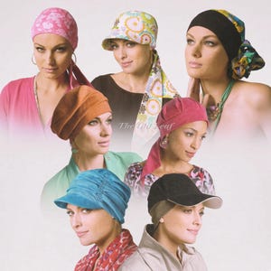 May include: A collection of headwear including a pink floral cap, a multi-colored patterned hat with a brim, a black head wrap, a solid brown beret, a pink head scarf, a blue pleated cap with a brim, and a black baseball cap with a white trim.