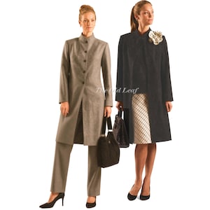 May include: A taupe long-line jacket with a mandarin collar and matching trousers, paired with a black handbag. Beside it, a black coat with a floral lapel pin over a white and black grid-patterned skirt, accompanied by a black handbag. Text reads The Old Leaf.