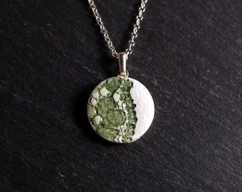 Lace Pendant - Green, lace necklace, ceramic jewellery, lace jewellery, nottingham lace, vintage lace, porcelain