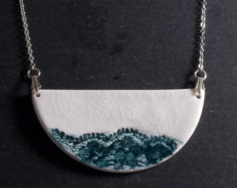 Lace Pendant Bib - Teal, lace necklace, ceramic jewellery, lace jewellery, Nottingham lace, vintage lace, porcelain