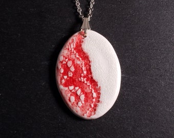 Lace Pendant - Red, Oval, lace necklace, ceramic jewellery, lace jewellery, nottingham lace, vintage lace, porcelain jewellery