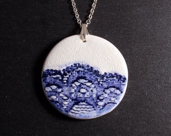 Lace Pendant - Blue, lace necklace, ceramic jewellery, lace  jewellery, nottingham lace, vintage lace, porcelain jewellery