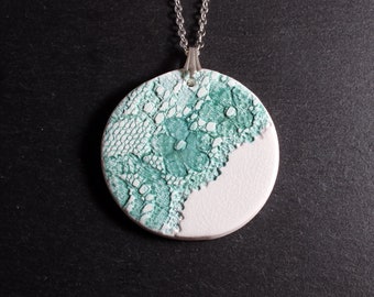 Lace Pendant - Jade Green, lace necklace, ceramic jewellery, lace jewellery, nottingham lace, vintage lace, porcelain