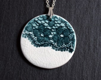 Lace Pendant - Teal, lace necklace, ceramic jewellery, lace jewellery, nottingham lace, vintage lace, porcelain