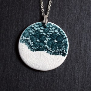 Lace Pendant - Teal, lace necklace, ceramic jewellery, lace jewellery, nottingham lace, vintage lace, porcelain