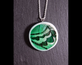 Ceramic and Glass Circle necklace - Green and Grey, glass, ceramic pendent, pattern jewellery, ceramic design