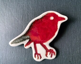 Ceramic and Glass Bird Brooch - Red and Grey, bird brooch, porcelain brooch, bird jewellery, ceramic jewellery