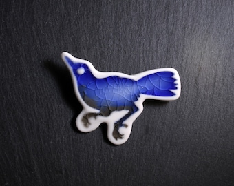 Ceramic and Glass Bird Brooch - Blue and Grey, bird brooch, porcelain brooch, bird jewellery, ceramic jewellery