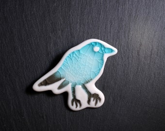 Ceramic and Glass Bird Brooch - Turquoise and Grey, bird brooch, porcelain brooch, bird jewellery, ceramic jewellery