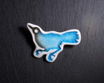 Ceramic and Glass Bird Brooch - Turquoise and Grey, bird brooch, porcelain brooch, bird jewellery, ceramic jewellery