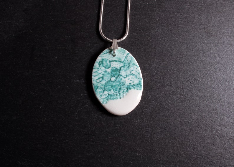 Lace Pendant Jade Green, Oval, lace necklace, ceramic jewellery, lace jewellery, nottingham lace, vintage lace, porcelain jewellery Pendant 3