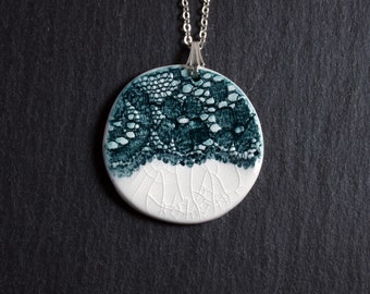 Lace Pendant - Teal, lace necklace, ceramic jewellery, lace jewellery, nottingham lace, vintage lace, porcelain