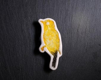 Ceramic and Glass Bird Brooch - Yellow and Light Grey, bird brooch, porcelain brooch, bird jewellery, ceramic jewellery