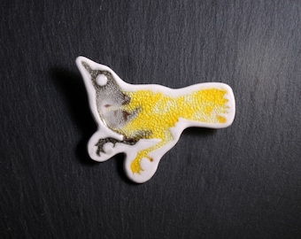 Ceramic and Glass Bird Brooch - Yellow and Grey, bird brooch, porcelain brooch, bird jewellery, ceramic jewellery