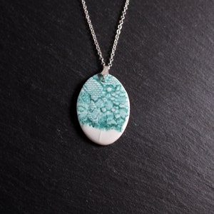 Lace Pendant Jade Green, Oval, lace necklace, ceramic jewellery, lace jewellery, nottingham lace, vintage lace, porcelain jewellery Pendant 2