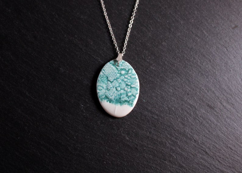 Lace Pendant Jade Green, Oval, lace necklace, ceramic jewellery, lace jewellery, nottingham lace, vintage lace, porcelain jewellery Pendant 2