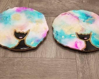 Coaster set/Afro Coaster /resin coaster/ ring dish /black art/ gold leaf /resin art/ gift/ for her/wedding gift/Christmas gift