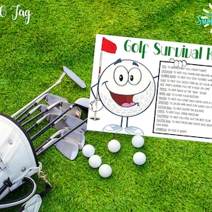 Etiqueta editável do kit de sobrevivência de golfe, acampamento de golfe, testes, kit de sobrevivência de doces, etiqueta de presente, presente de golfe, etiqueta de tratamento, modelo Canva