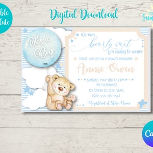 Boy Bear Baby Shower Invitation, Bearly Wait Shower Theme, Bear Baby Shower, Boy Baby Shower , Editable Invitation ,Canva Template