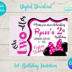 Editable Minnie Mouse Birthday Invitation Bundle, Minnie Birthday Theme Party, Oh Two-dles Party, Digital Birthday Instant Download,