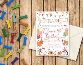 May include: A colorful invitation for a dog-themed birthday party. It's POW-TY Time! Come, sit, stay, & play at Claire's 5th Birthday. Saturday, July 2nd at 12pm. Claire's House, 123 Smith St, City State.