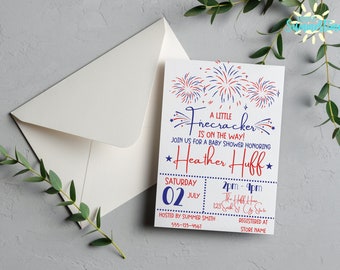 Zaproszenie na Baby Shower Firecracker, Patriotyczny motyw, Baby Shower neutralny pod względem płci, Baby Shower, Edytowalne zaproszenie, Szablon Canva