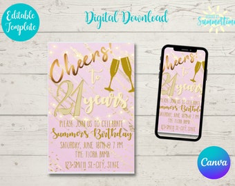 Editable 21st Birthday Invitations, Cheers to 21 Years Invitation, Digital Birthday Invite, 21st Birthday Theme, Digital Invitation