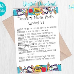 Editable Teacher Mental Survival Kit Tag , Teacher Appreciation , Printable, Candy Survival Kit, Teacher Gift, Treat Tag | Canva Template