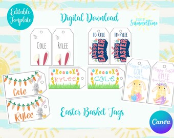 May include: Printable Easter basket tags with bunny illustrations and the text "Happy Easter" and "To: Cole" and "To: Rylee".