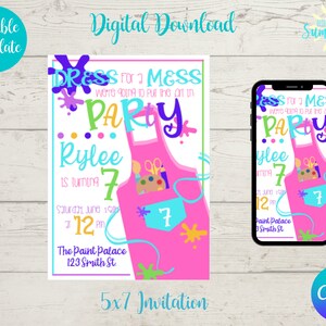 Convite de aniversário digital editável para festa de pintura, tema de festa de pintura, festa de arte de pintura, download instantâneo, modelo Canva
