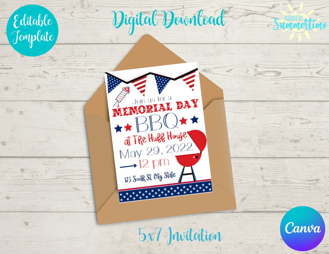Editable Memorial Day BBQ Digital Birthday Invitation, Memorial Day ...