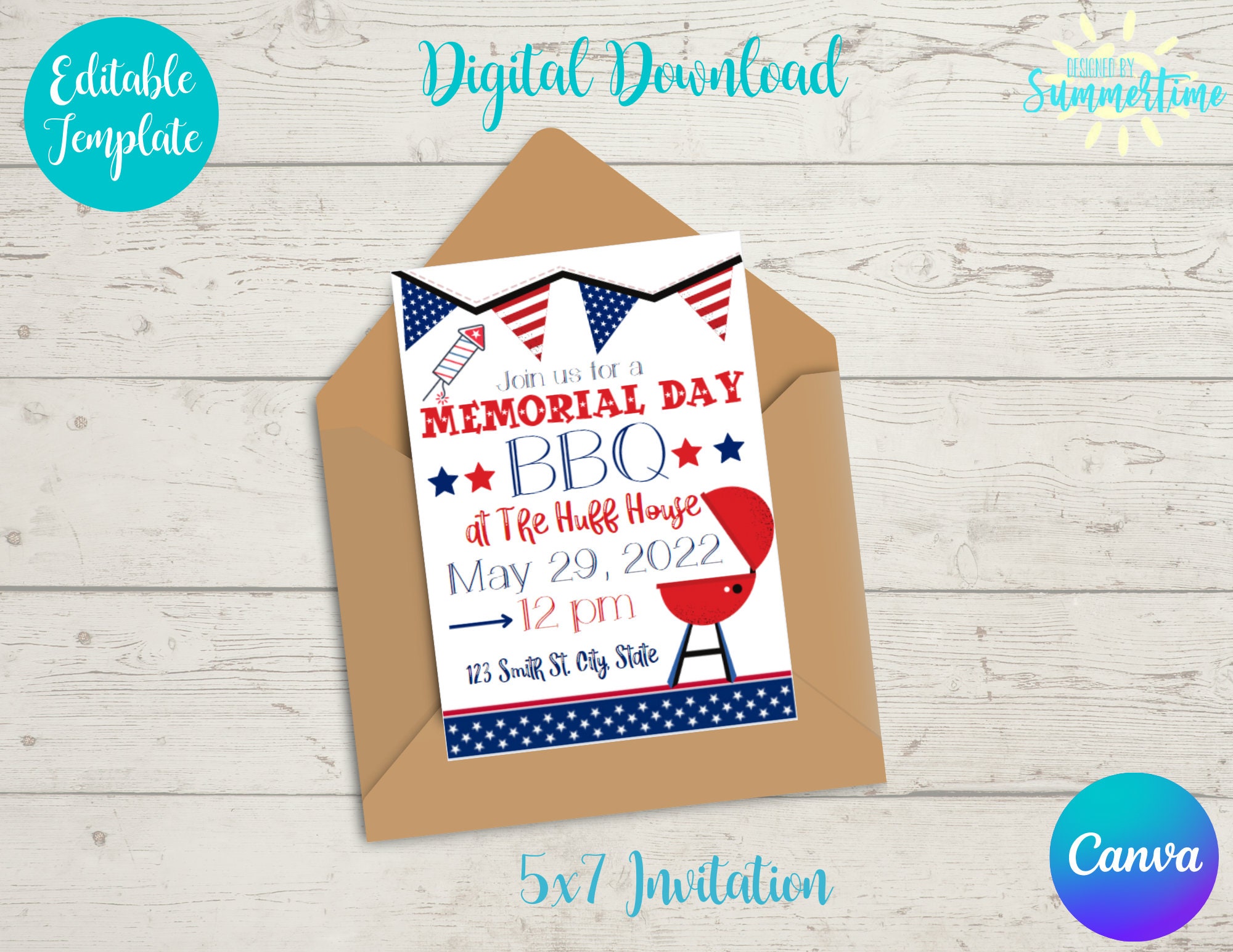 Editable Memorial Day BBQ Digital Birthday Invitation, Memorial Day ...