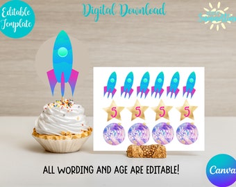 May include: Printable digital download of a rocket ship cupcake topper and other space-themed decorations. The set includes five rocket ships, five stars with the number 5, and five round toppers that say "Happy Birthday". All wording and age are editable.