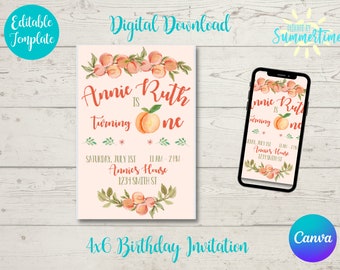 Invitación editable de 1er cumpleaños de melocotón, fiesta temática de cumpleaños de melocotón, dulce como un melocotón, descarga instantánea de cumpleaños digital,