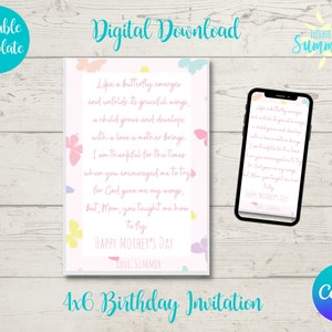 Editable Motherʻs Day Card , Motherʻs Card , Motherʻs Day , Motherʻs Day Printable Card, 4x6 Card , Canva Template