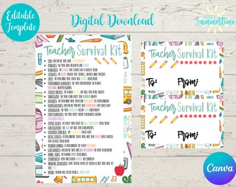 Editable Teacher Survival Kit Tag, Teacher Appreciation, Printable, Candy Survival Kit, Gift Tag, Teacher Gift, Treat Tag, Canva Template