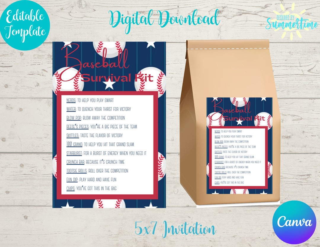 Editable Baseball Survival Kit Tag , Softball Camp, Tryouts , Candy