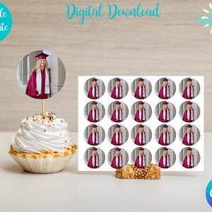 Editable Graduation Cupcake Topper, Cupcake Toppers, Graduation Party, Graduation Photo, Class of 2022,Instant Download| Canva Template