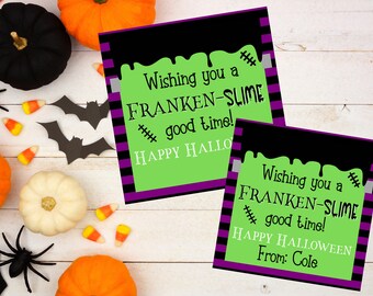Etiqueta de regalo de Halloween editable, Franken-Slime Halloween, etiqueta de regalo de limo para estudiantes profesores empleados, etiquetas de agradecimiento, etiqueta de regalo digital,