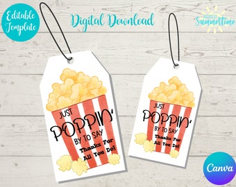 Editable Popcorn Gift Tag , Just Poppinʻ By , Staff Appreciation, Gift Tag for Teachers, Staff, Coworkers, Digital Gift Tag,
