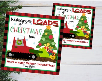 Puede incluir: Una tarjeta de Navidad roja y negra con una imagen de dibujos animados de un vehículo de construcción rojo con un árbol verde y regalos en la pala. El texto de la tarjeta dice "Wishing you LOADS of CHRISTMAS fun!" y "HAVE A VERY MERRY CHRISTMAS! From Rylee".