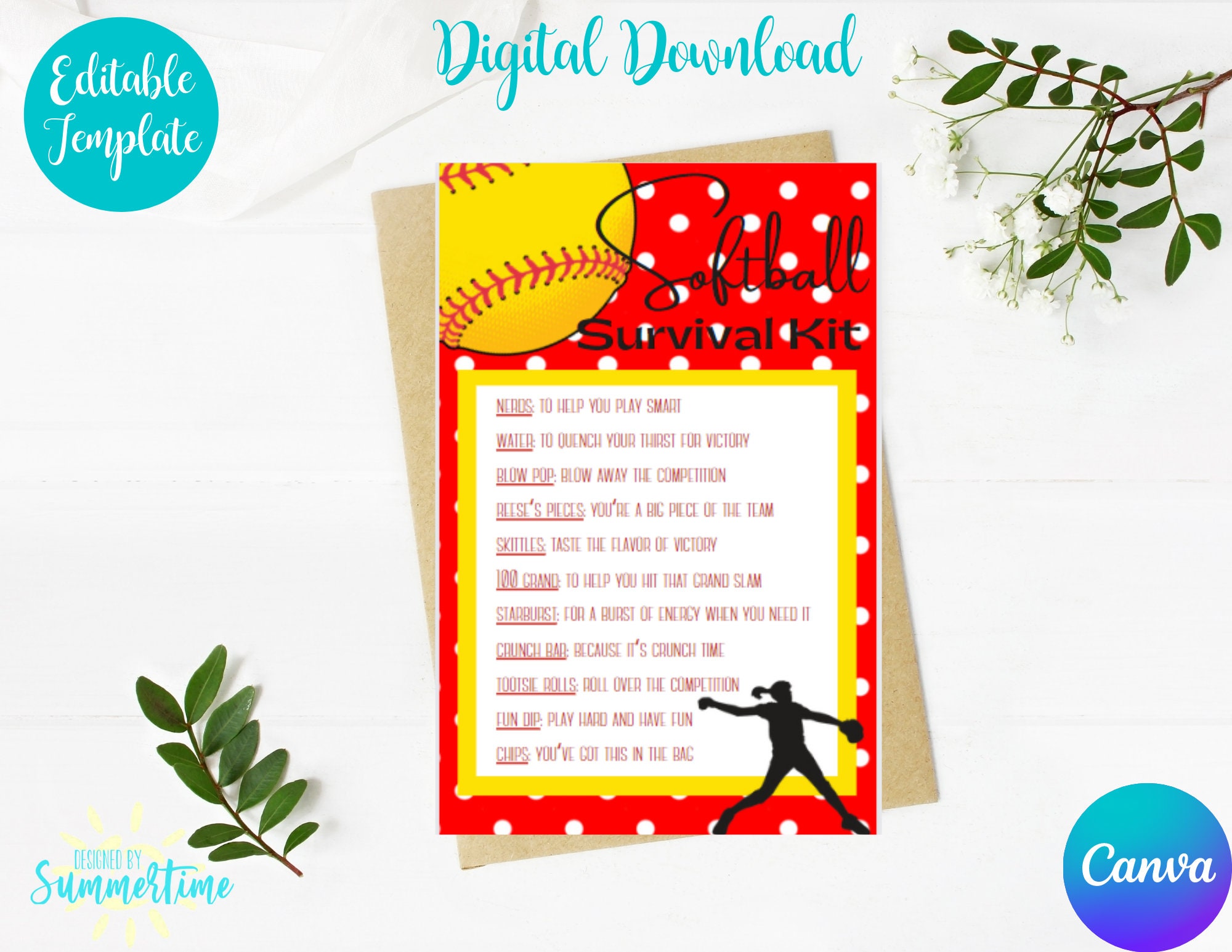 Editable Softball Survival Kit Tag , Softball Camp, Tryouts , Candy