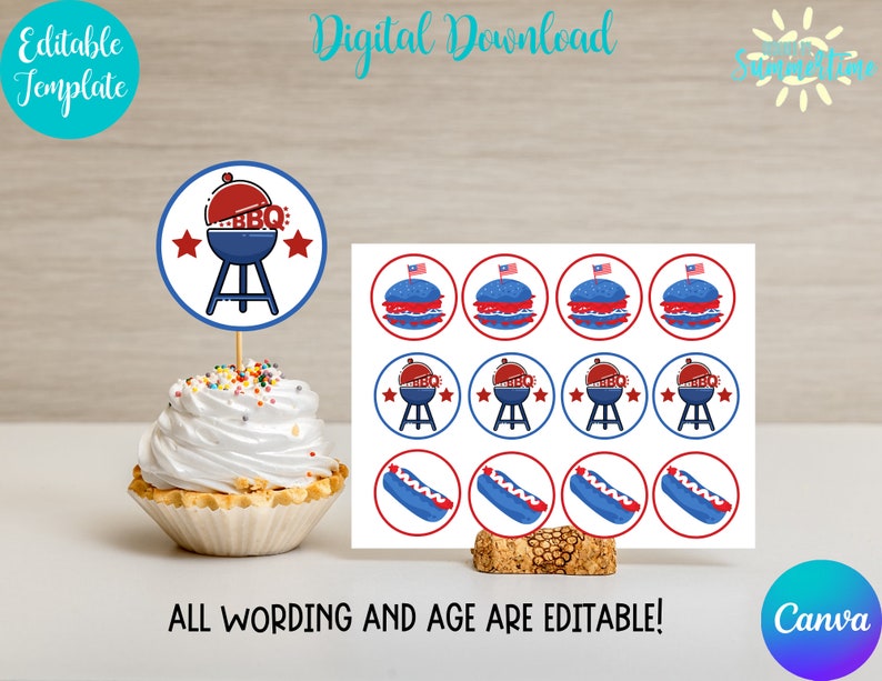 Editable Patriotic Cupcake Toppers, Patriotic Theme Party, Memorial Day ...