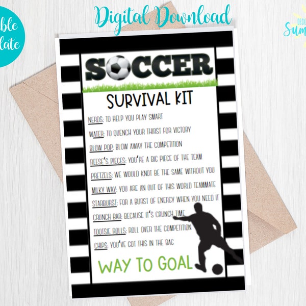 Editable Soccer Survival Kit Tag , Soccer Camp, Tryouts , Candy Survival Kit, Gift Tag, Soccer Gift, Treat Tag , Canva Template