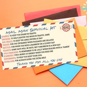 Bewerkbare Mail Man Survival Kit Tag, Delivery Person Gift, Candy Survival Kit, Gift Tag, Postbeambte Gift, Treat Tag | Canva-sjabloon