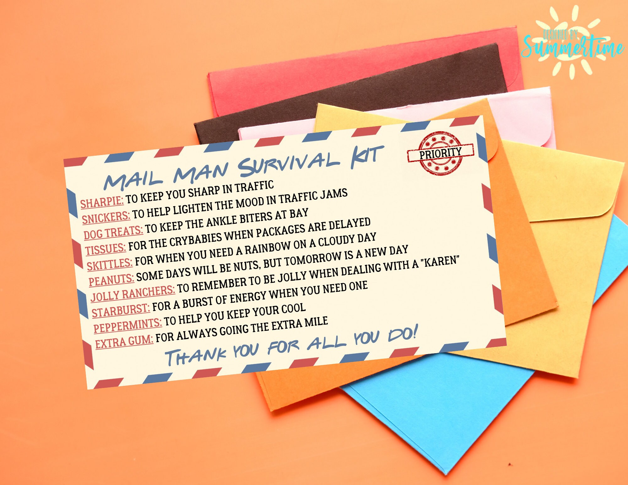 Editable Mail Man Survival Kit Tag , Delivery Person Gift , Candy