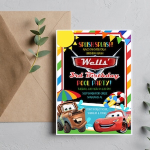 May include: A colorful invitation for a 3rd birthday pool party. The invitation features a red car with the name "Wells'" on it. The text "Splish Splash! Race on over for a birthday bash" is at the top of the invitation. The invitation also features a cartoon image of Mater and Lightning McQueen from the Cars movie.